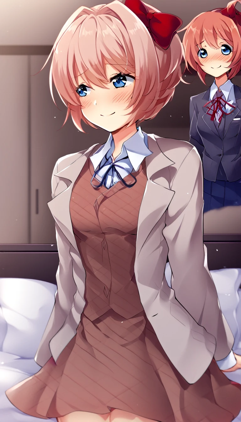 one girl, Sayori, DDLC, Doki Doki Literature Club , light blue eyes, my best friend, feel happy, I stroke her head gently, I praise her, I cherish her, my hand on her head, girl look at me, blush, lovely