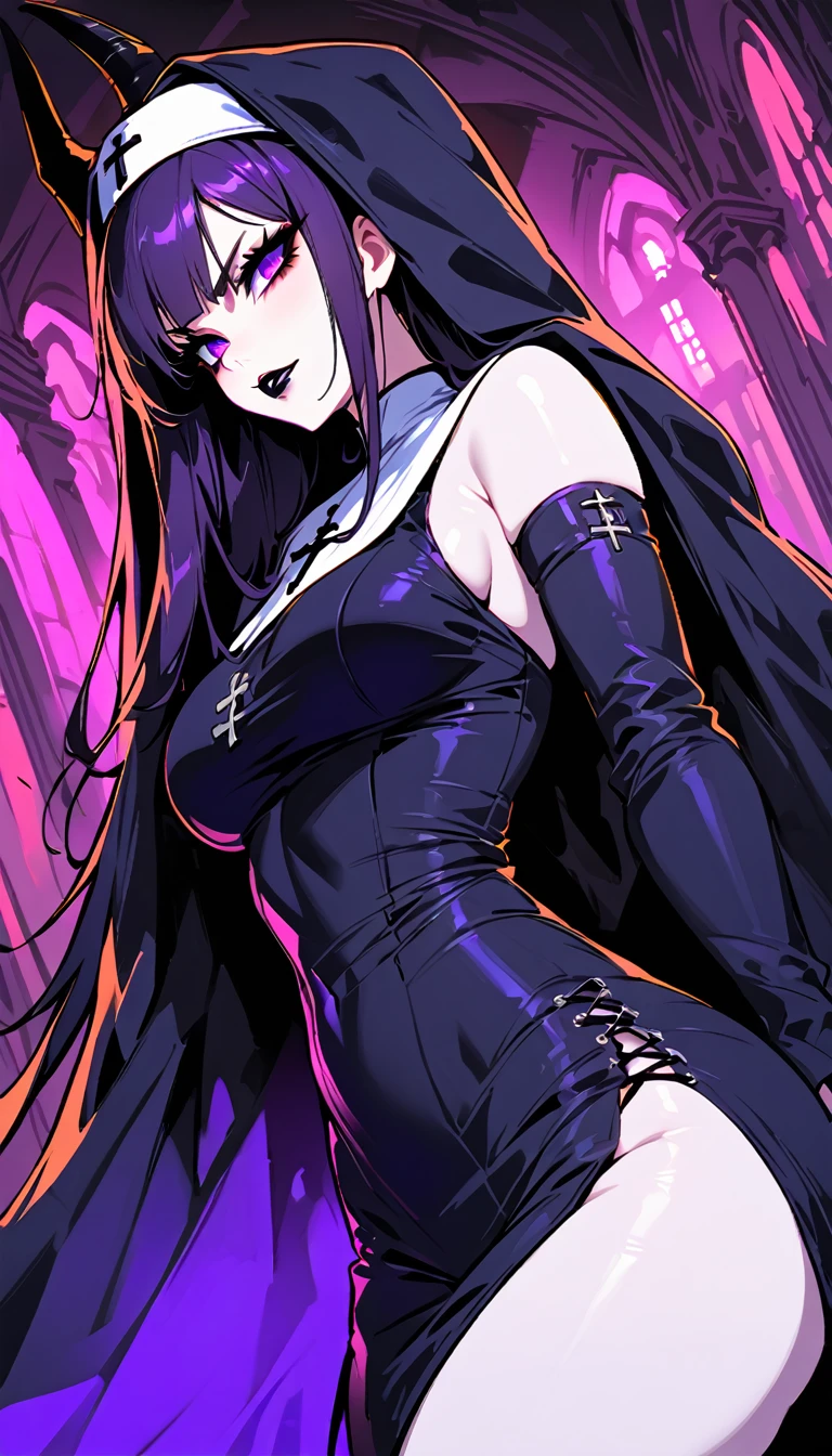 (high quality, 8k, 4K, high contrast, artwork:1.2, high quality, best aesthetics), (dynamic angle), ((1 woman)), erotic, sensual, mature body, super detailed, beautiful face detailed, beautiful eyes detailed, detailed beautiful mouth, sexy body, perfect breats, perfect wide thighs, pale skin, dark purple hair, dark purple long hair, dark purple straight hair, dark purple eyes, long eyelashes, penetrating look, serious, gothic makeup, black lipstick, black eyeshadow, black eyeliner, nun, black nun clothes, dark purple demon horns, church, purple lighting, centered, standing upright.