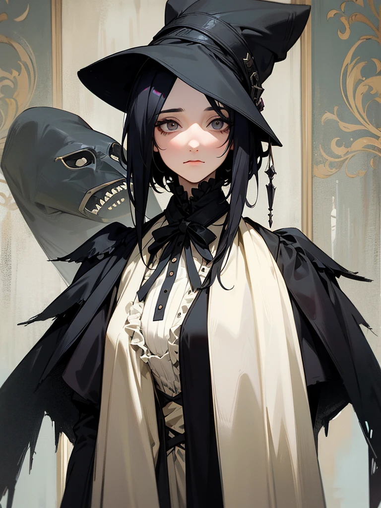 A female adult plague doctor. She would have totally black hair, her hair is short and messy. Her eyes would also be black and she would be very tall, having the appearance and stature of an adult. She has dark circles under her eyes. Her clothes would cover her entire body except for her face.
Victorian Style art. Dark Art.