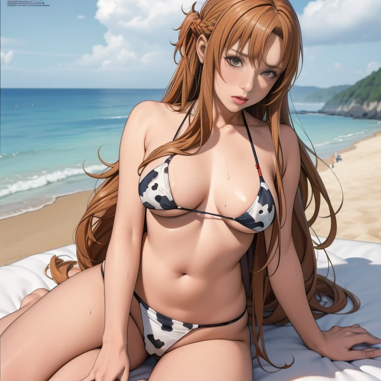 nsfw, best quality, official art, masterpiece, textile shading, HDR, very detailed, colorful, best details, (Adult,19 years old, One Girl, alone, yuuki asuna, hentai:1.5, bitch, very long hair, curly hair, brown hair, cow print bikini:1.5, medium breast, skinny, blue eye, public indecency:1.5, beach:1.5, contemptuous,