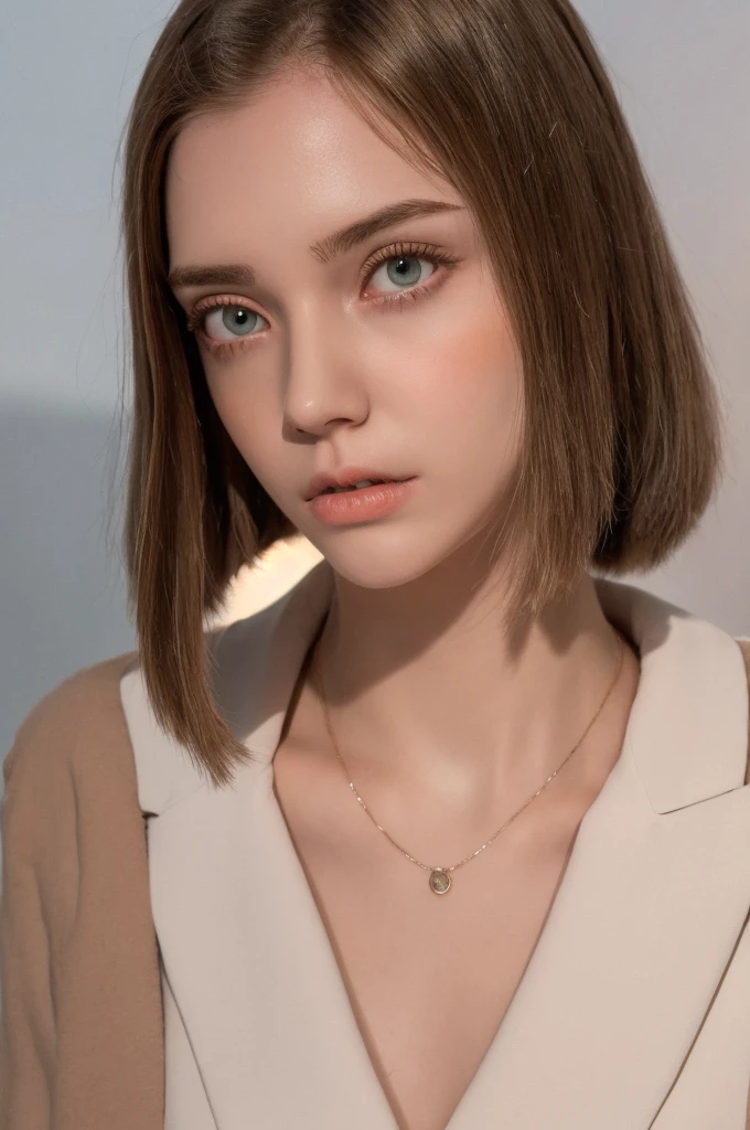 long straight hair, light brown eyes, neckline, white skin,