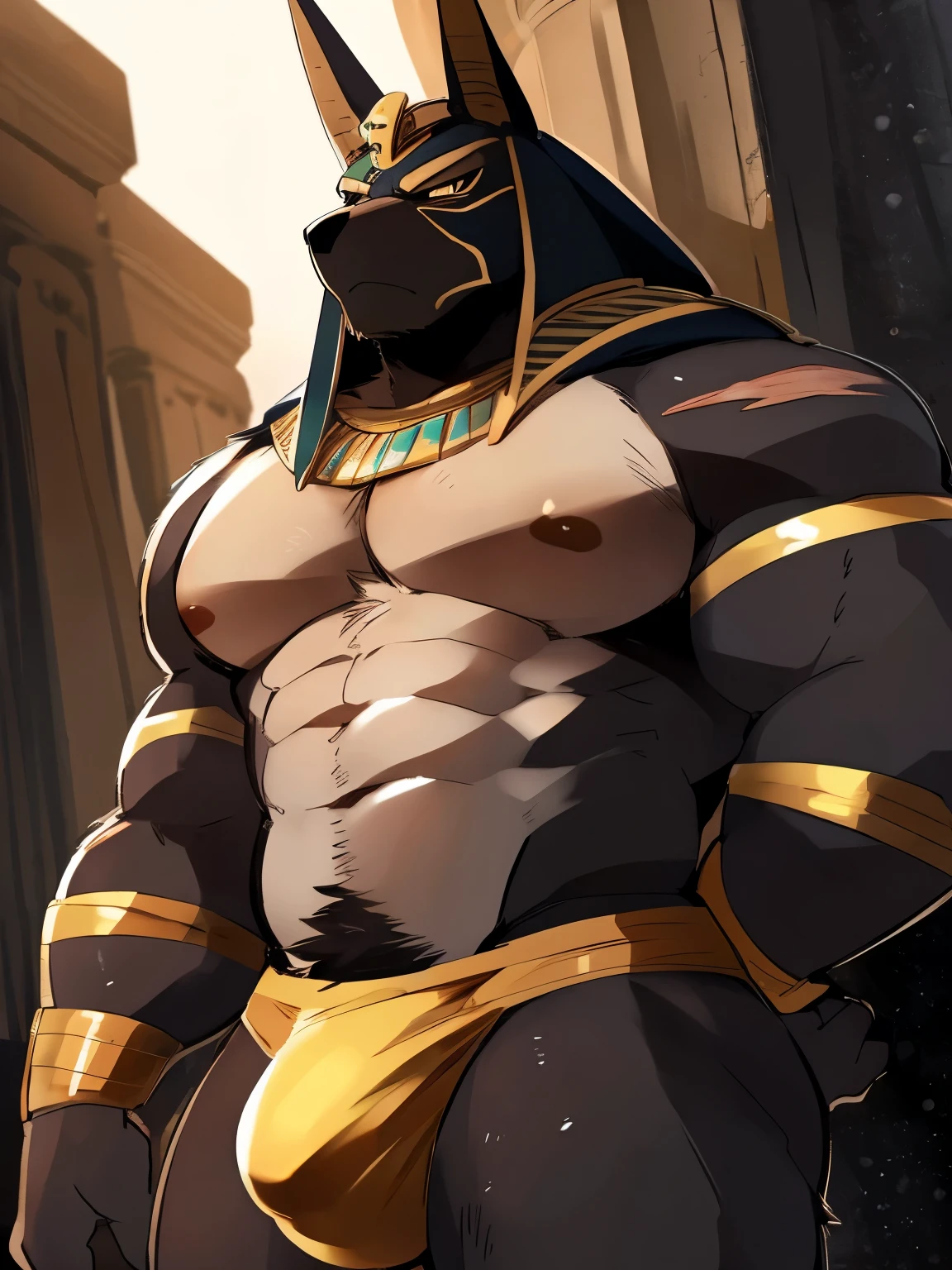 Muscular, male, furry, fluffy, Covered scars, bare chest, hot, (wet: 1.1), abs, wide body, egyptian jewelry, egyptian armor, Looking at viewers, thick beard , (bara pecs: 1.1), anthro jackal, anubis mask, black body, black furr chest, wide body, (big chest: 1.3) , (arms behind back: 1.1), thick thighs, jock strap, (bulge: 1.1), barely visible genitals, detailed genitals outline , intimidating frown expression, gold nipples ring, dark dramatic lighting, night time, low angle, dutch angle, by hyaku , by darkgem