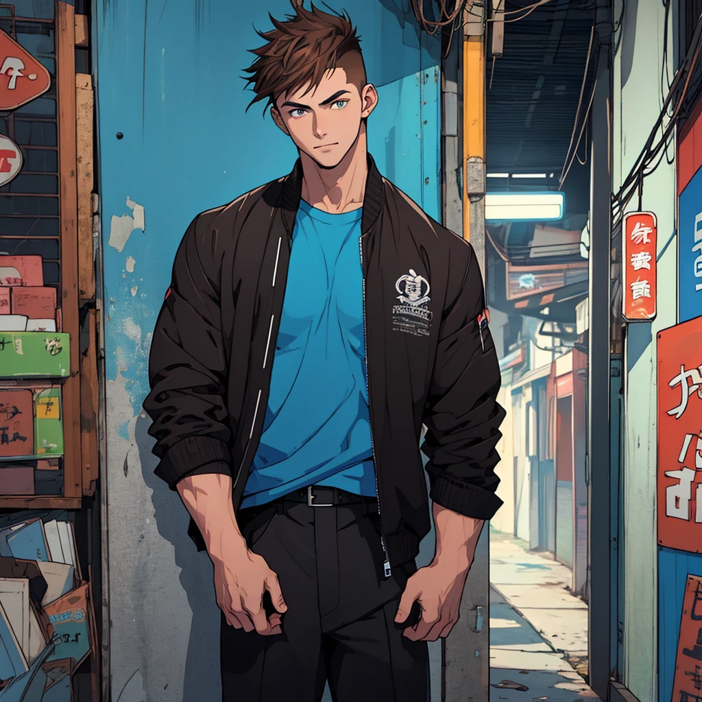 Man,, strong, tall, brown hair, black clothes with neon blue details, wears anime, charismatic, , short hair, playboy, cabelo ondulado, low fade