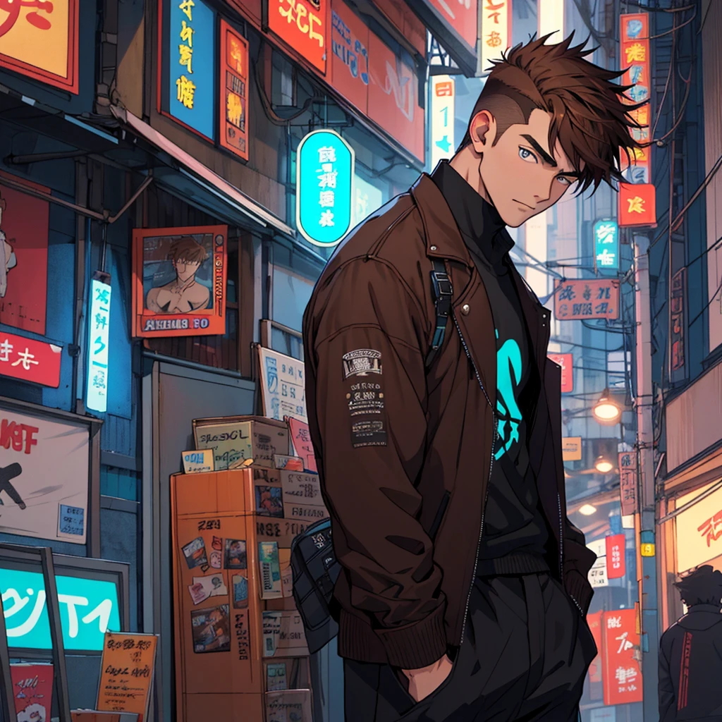 Man,17 years old, strong, tall, brown hair, black clothes with neon blue details, wears anime, charismatic, , short hair, playboy, cabelo ondulado, low fade