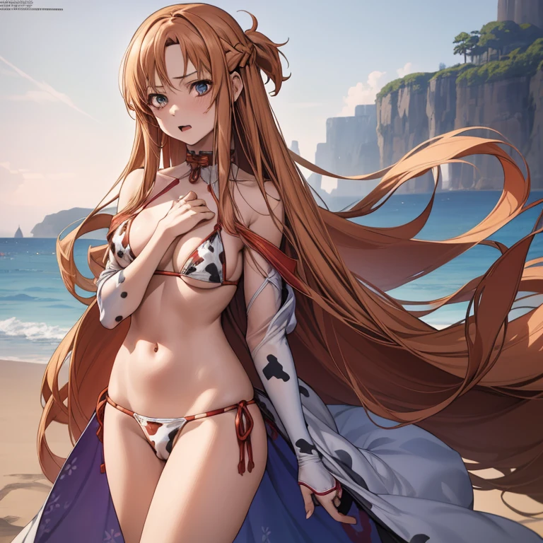 nsfw, best quality, official art, masterpiece, textile shading, HDR, very detailed, colorful, best details, (Adult,19 years old, One Girl, alone, yuuki asuna, hentai:1.5, bitch, very long hair, curly hair, brown hair, cow print bikini:1.5, medium breast, skinny, blue eye, public indecency:1.5, beach:1.5, contemptuous,
