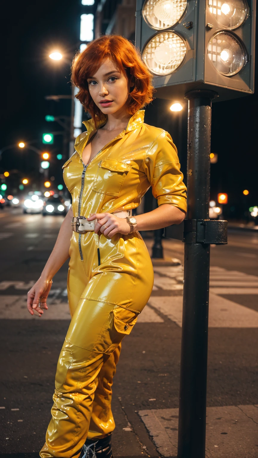 (masterpiece), (best quality), (solo character), (photorealistic:1.4), (chr1sh3n wearing white belt), (April O'Neil_v1 costume, jumpsuit), (yellow latex jumpsuit), (apriloneil white belt), (apriloneil boots), (aprilonei wearing watch), (epiCRealLife), (lora:epiCFlashPhoto), (red hair), (red lipstick), (brown eyes), (young woman), (flashphoto), (night time), (new york city street), (traffic light), (different camera angle shots), (look at viewers), (cowboy shots), (close up body), (walking), (close portrait), 