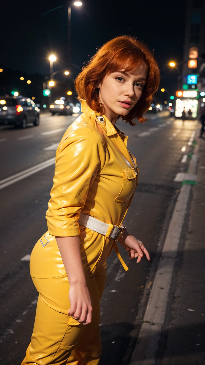 (masterpiece), (best quality), (solo character), (photorealistic:1.4), (chr1sh3n wearing white belt), (April O'Neil_v1 costume, jumpsuit), (yellow latex jumpsuit), (apriloneil white belt), (apriloneil boots), (aprilonei wearing watch), (epiCRealLife), (lora:epiCFlashPhoto), (red hair), (red lipstick), (brown eyes), (young woman), (flashphoto), (night time), (new york city street), (traffic light), (different camera angle shots), (look at viewers), (cowboy shots), (close up body), (walking), (close portrait), 