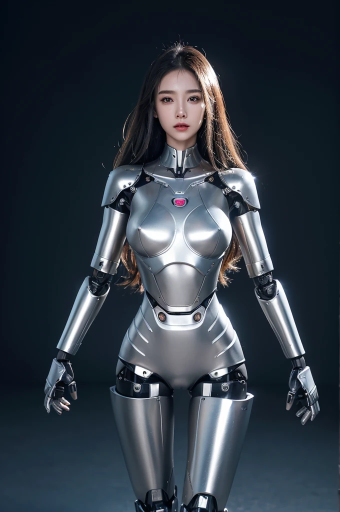 female robot, skin part is only face, silver metal skin, full metal robot body, mechanical parts, electronic wire, cum in pussy, high quality, medium breasts, long hair, tall, thigh gap, full body metal skin, wet, cum in pussy, metallic tits, separated breasts