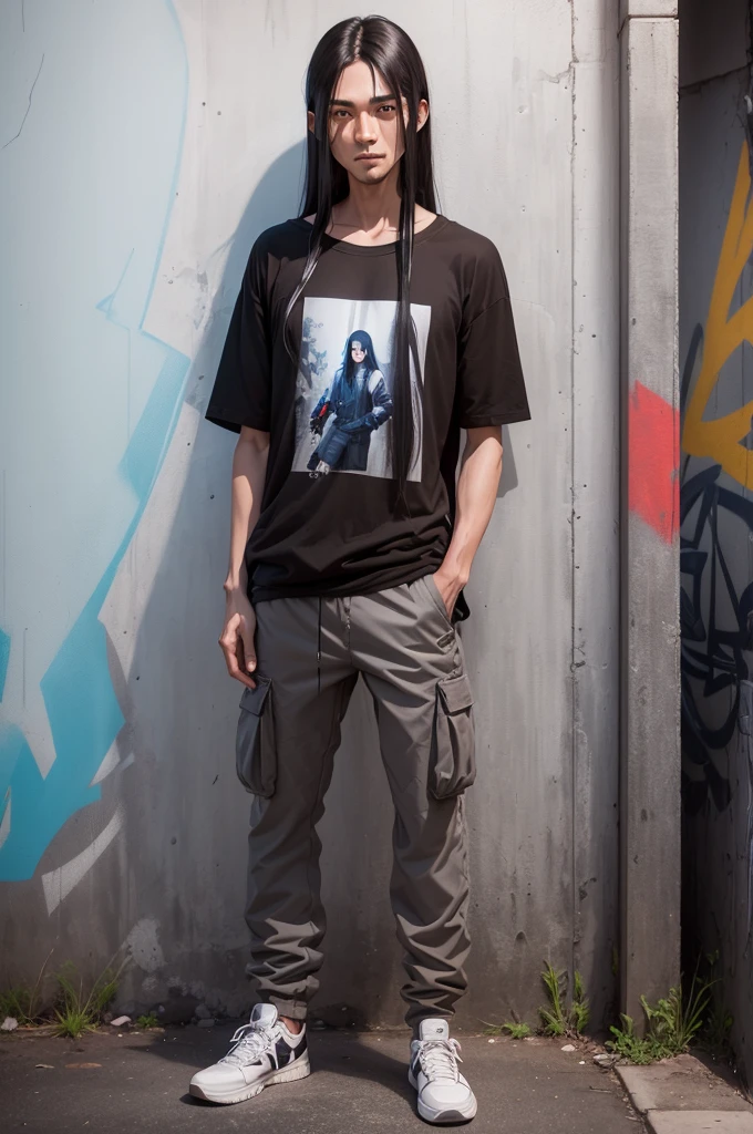 (POV) long shot, thin man with long straight black shoulder length hair, age 30, height 170 cm, (wearing a t-shirt grey) with the text ((HIGH QUALITY JOMBLO)) and colored cargo pants ((medium brown)) leaning against a (wall full of graffiti), daylight, realistic photography, 4d, 32 UHD, ultra detail, reflective surface, bottom view.