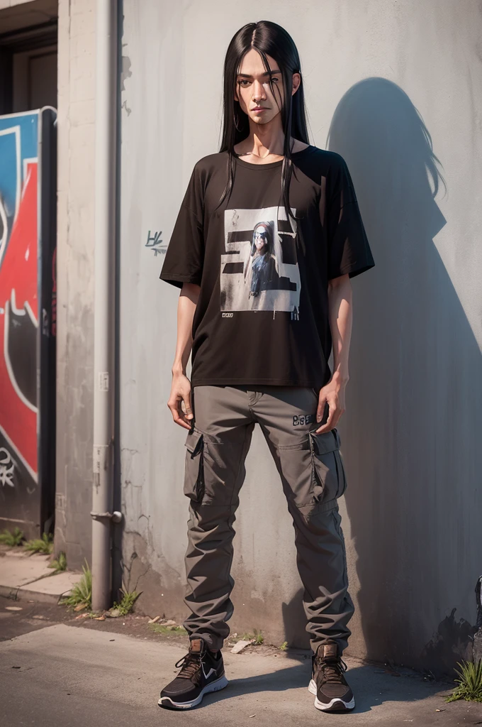 (POV) long shot, thin man with long straight black shoulder length hair, age 30, height 170 cm, (wearing a t-shirt grey) with the text ((HIGH QUALITY JOMBLO)) and colored cargo pants ((medium brown)) leaning against a (wall full of graffiti), daylight, realistic photography, 4d, 32 UHD, ultra detail, reflective surface, bottom view.