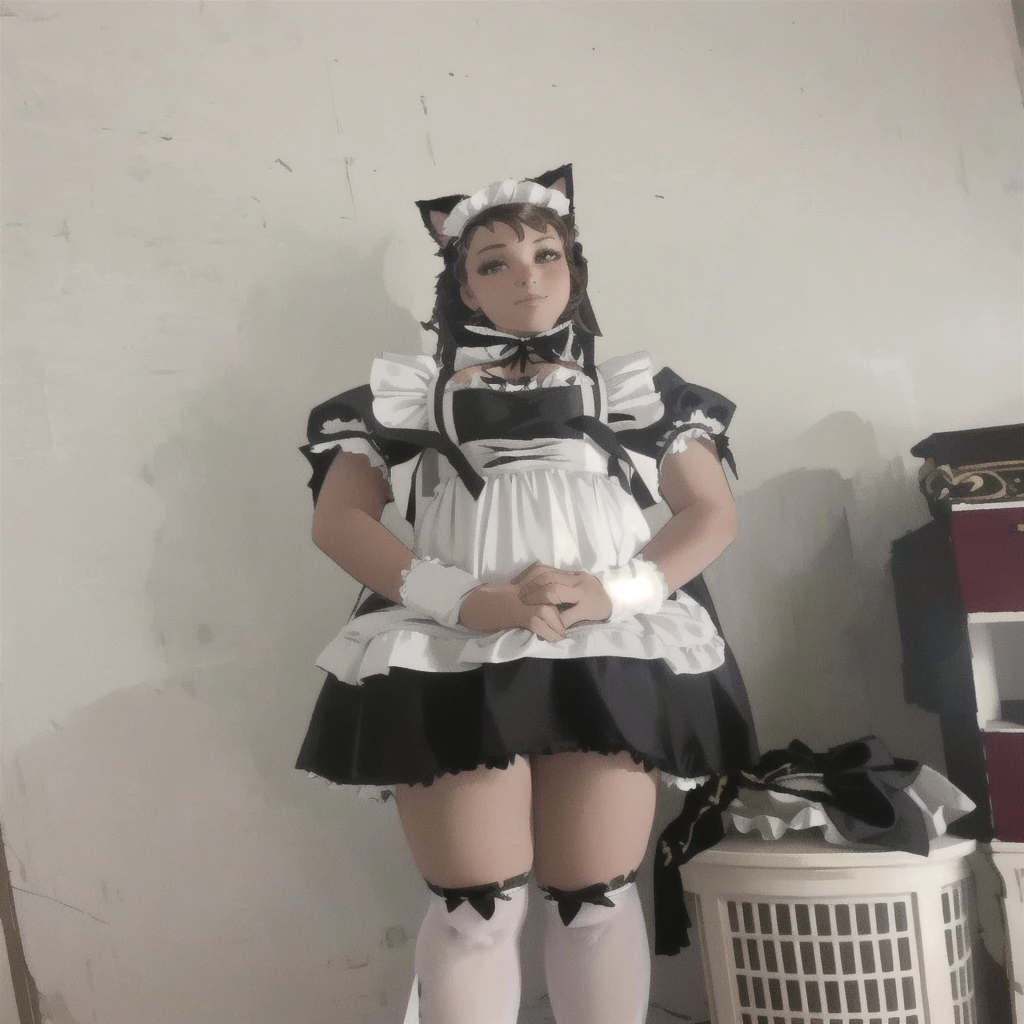 there is a woman in a maid outfit posing for a picture, cosplay of a catboy! maid! dress, maid outfit, anime girl in a maid costume, maid dress, wearing maid uniform, maid costume, french maid, anime cat girl in a maid costume, in a fancy dress, dressed in a frilly ((ragged)), full body with costume