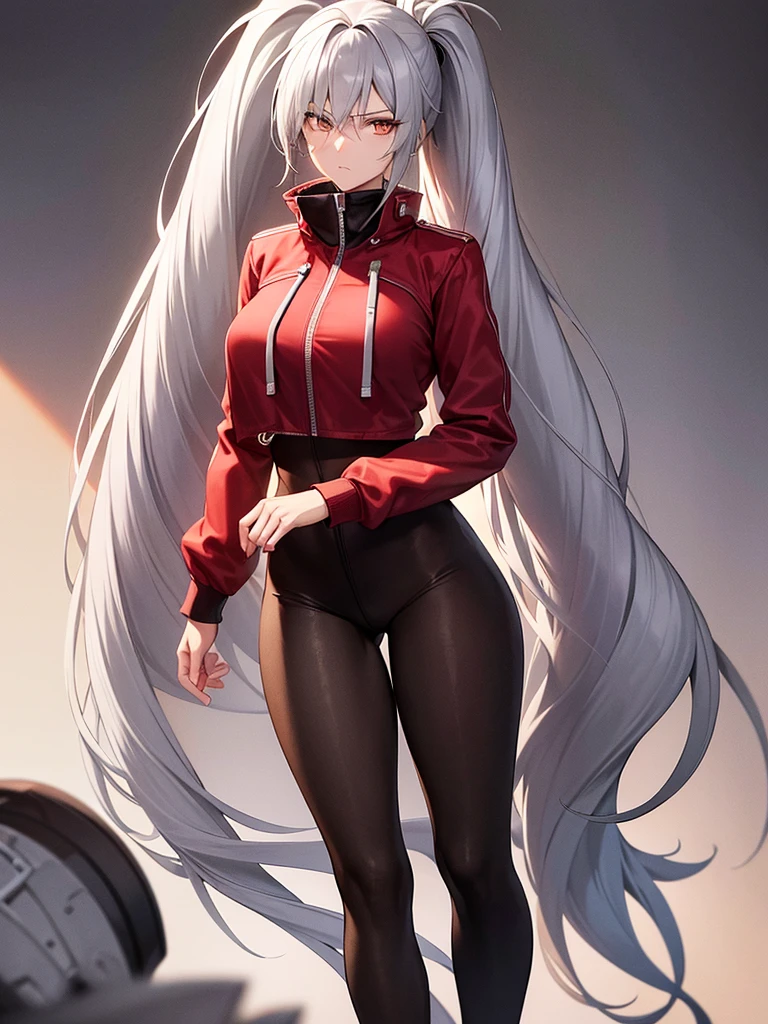 Tall, slim, She has long grey hair tied back in an enormous, messy ponytail that reaches down to her thighs, some of her hair is covering one of her eyes, She wears a red jacket over a light red full-body suit, golden eyes