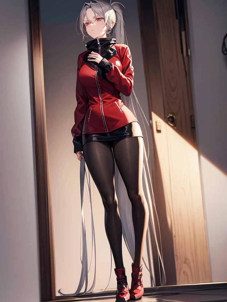 Tall, slim, She has long grey hair tied back in an enormous, messy ponytail that reaches down to her thighs, some of her hair is covering one of her eyes, She wears a red jacket over a light red full-body suit, golden eyes