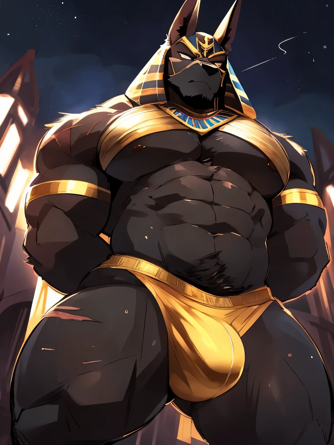 Muscular, male, furry, fluffy, Covered scars, bare chest, hot, (wet: 1.1), abs, wide body, egyptian jewelry, egyptian armor, Looking at viewers, thick beard , (bara pecs: 1.1), anthro jackal, anubis mask, black body, black furr chest, wide body, (big chest: 1.3) , (arms behind back: 1.1), thick thighs, jock strap, (bulge: 1.1), barely visible genitals, detailed genitals outline , intimidating frown expression, gold nipples ring, dark dramatic lighting, night time, low angle, dutch angle, by hyaku , by darkgem