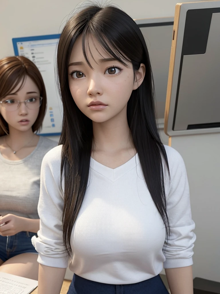 3D Pixar cartoon image of a girl cheating in an exam while the teacher looks angrily