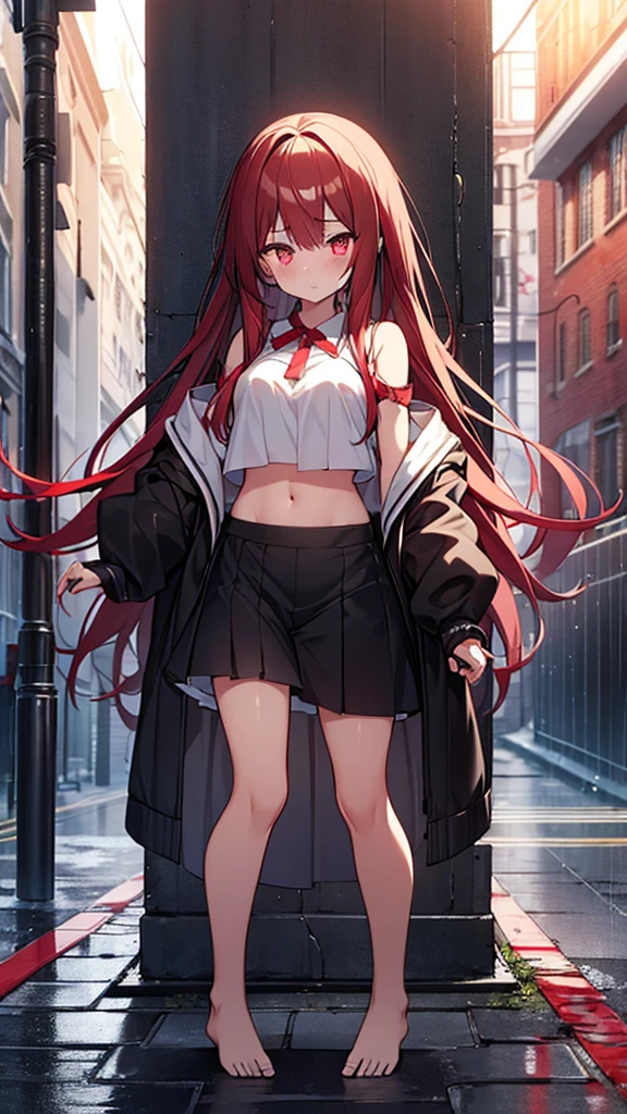 masterpiece, Highest quality, View your viewers, In-person audience, barefoot, One girl, alone, whole body, bow, Seraphim, Disgusted face, Stripped Face, at night, heavy rain, Outdoor, city, Crop top, belly button, Wet clothes, drenched, overly too long sleeves, Put your hands in your sleeves, Tears of Blood, Bloodstain, Dark Alley, Blood splattered on the ground, Red bright light, Glowing Eyes, Depth of written boundary,Holding a knife,Red Sky, atmosphere,Perfect hands