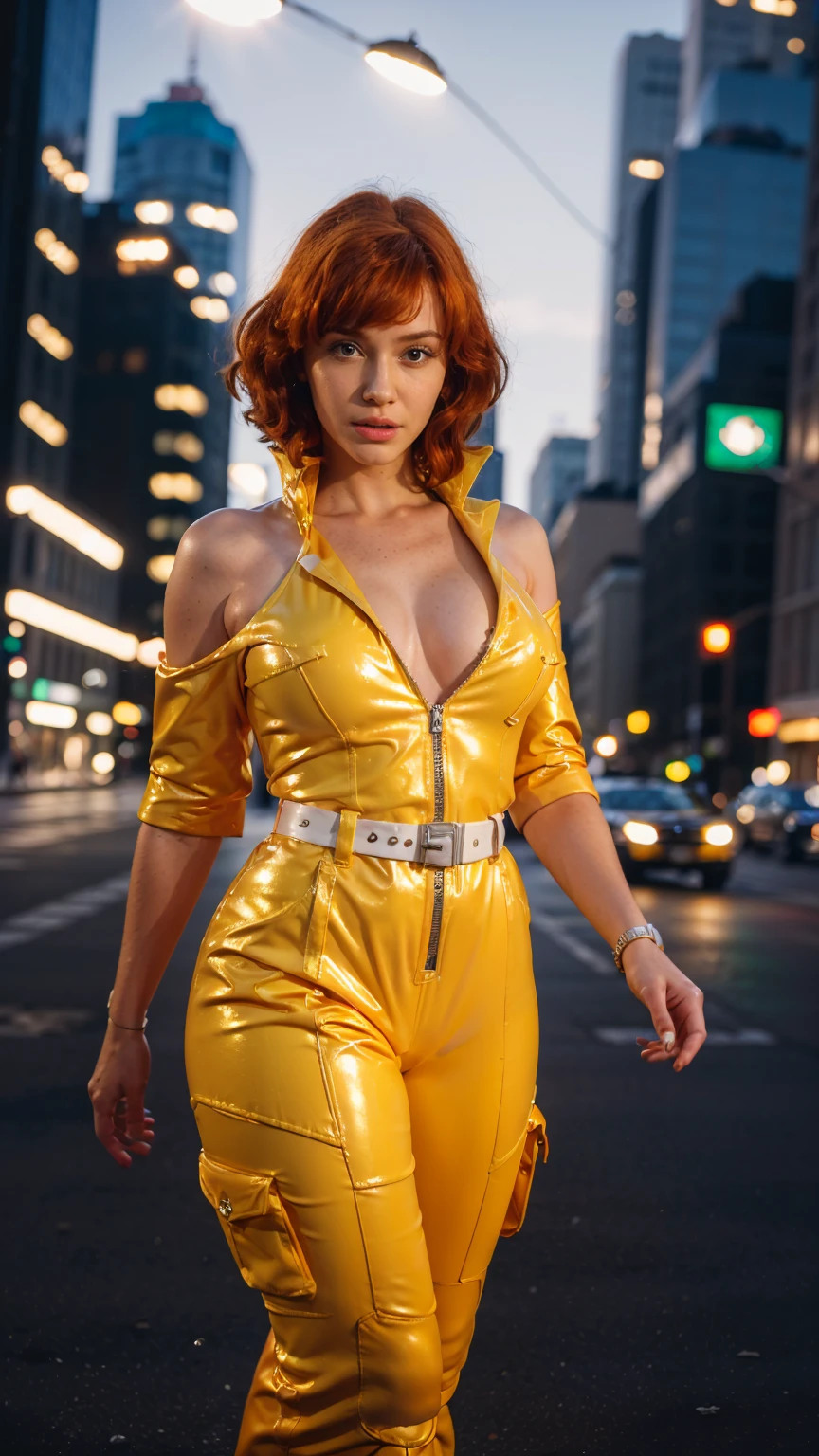 (masterpiece), (best quality), (solo character), (large breasts), (photorealistic:1.4), (chr1sh3n wearing white belt), (apriloneil costume, jumpsuit), (yellow latex jumpsuit), (apriloneil hairstyle), (apriloneil white belt), (apriloneil boots), (aprilonei wearing watch), (epiCRealLife), (lora:epiCFlashPhoto), (red hair), (red lipstick), (brown eyes), (young woman), (flashphoto), (at night), (new york city view), (garden rooftop), (outdoor),(standing), (different poses), (look at viewers),