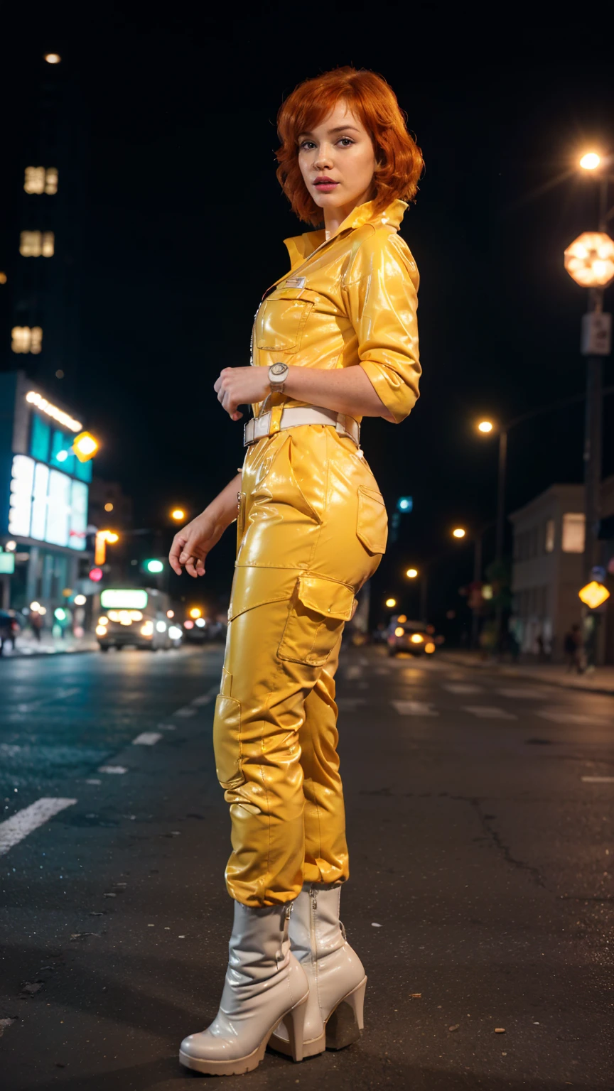 (masterpiece), (best quality), (solo character), (photorealistic:1.4), (chr1sh3n wearing white belt), (April O'Neil_v1 costume, jumpsuit), (yellow latex jumpsuit), (apriloneil white belt), (apriloneil boots), (aprilonei wearing watch), (epiCRealLife), (lora:epiCFlashPhoto), (red hair), (red lipstick), (brown eyes), (young woman), (flashphoto), (night time), (new york city street), (traffic light), (different camera angle shots), (look at viewers), (cowboy shots), (close up body), (walking), (close portrait),