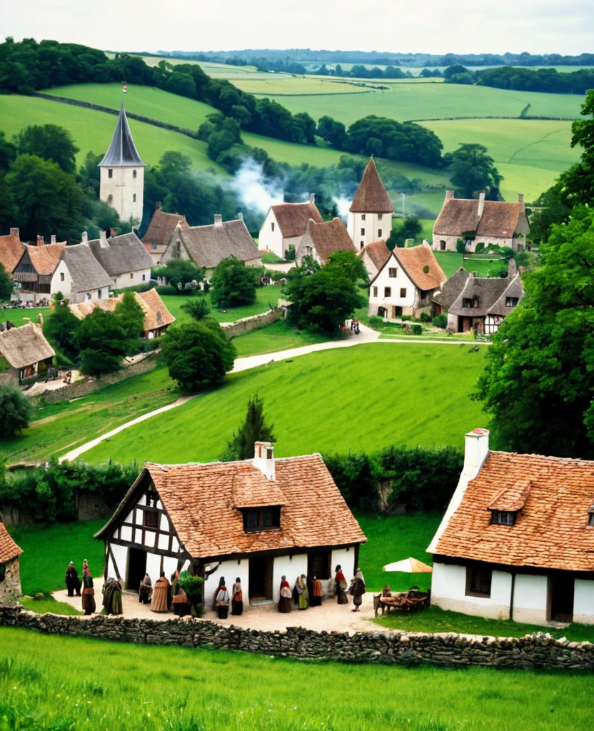 Medieval village, village houses in foreground, villagers in foreground, manor in background 