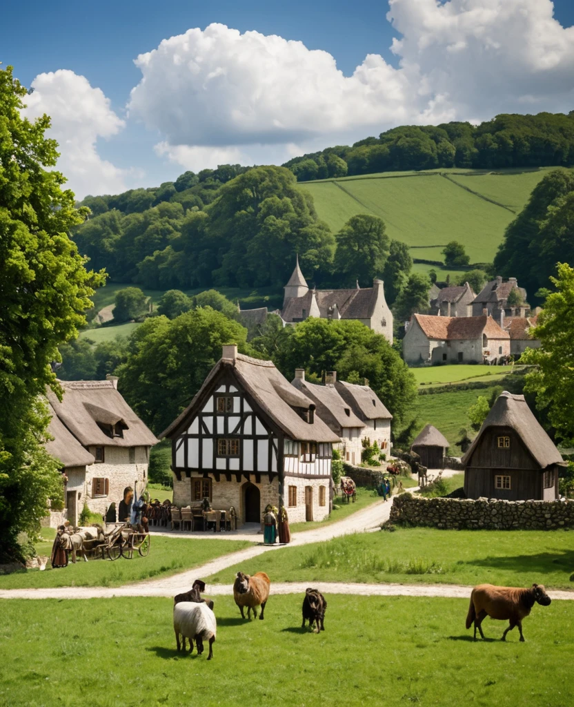 Medieval village, village houses in foreground, villagers in foreground, manor in background 