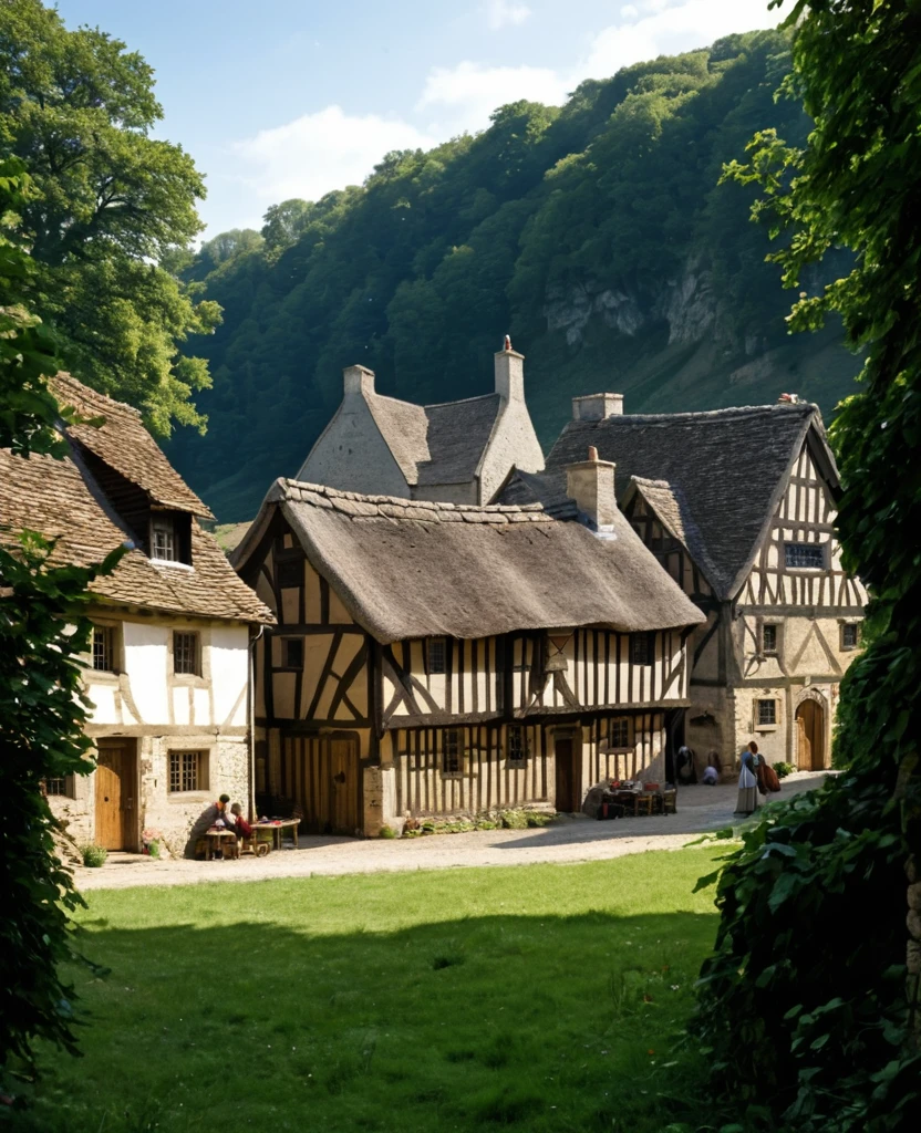 Medieval village, village houses in foreground, villagers in foreground, manor in background 