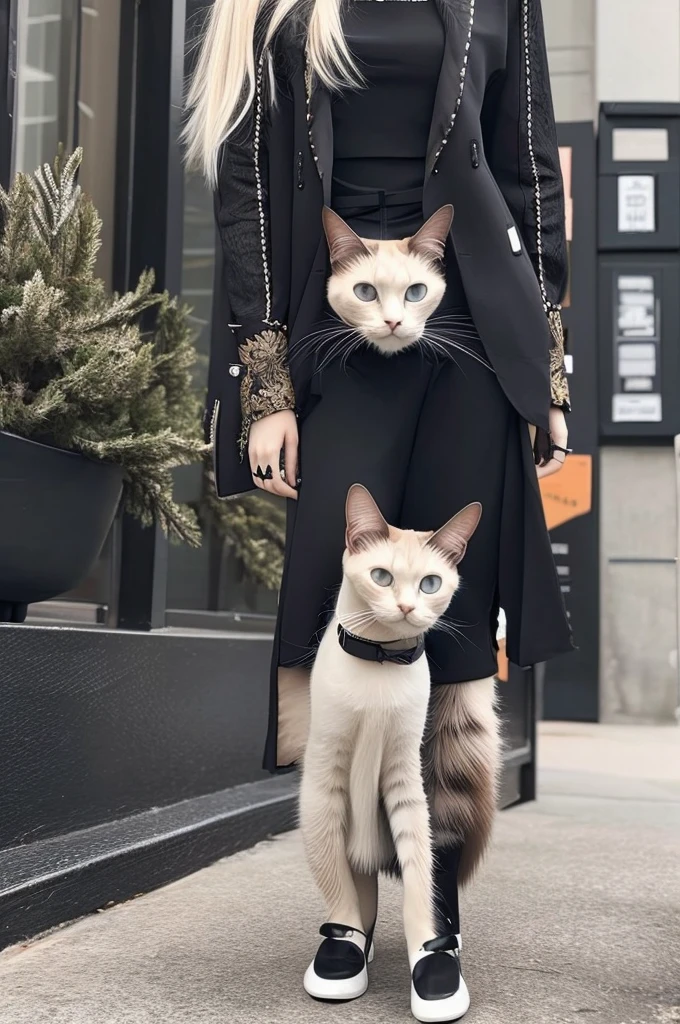 Stylish Siamese cat in black clothes and long hair