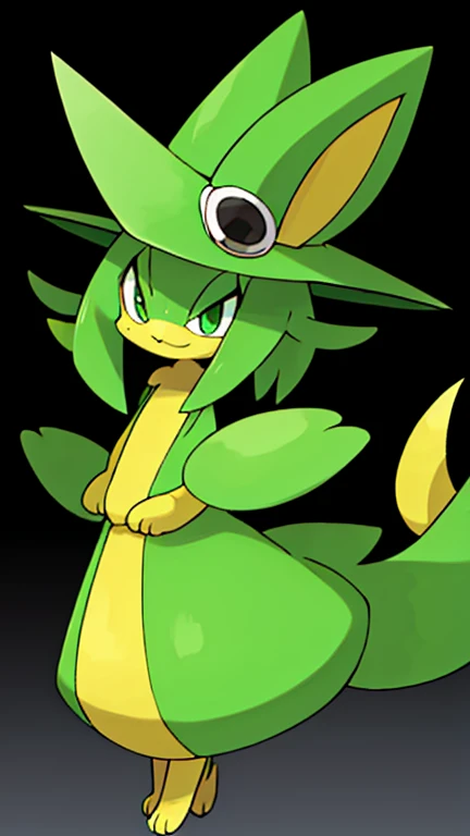 High detailed, 1 fakemon, green cat, large hair, Summer hat, long ears, large whiskers, short paws, extremely large lenght tail, flying, she is using a Summer hat, smiling, sparking shocks around her