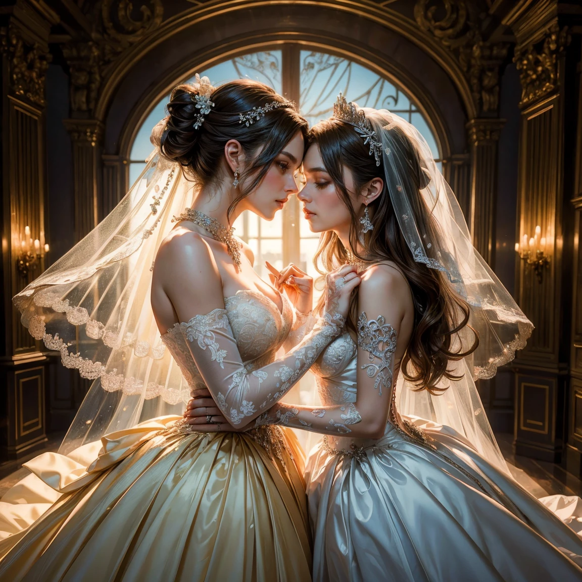 (masterpiece, highest quality, official art, beauty and aesthetic), two stunning bride is deeply in love with each other, kiss, romantic atmosphere