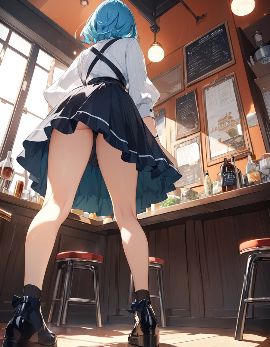 (Highest qualityのイラスト:1.2), (pretty girl:1.1), (1 girl、、Highest qualityのイラスト:1.2), (1 girl、smile、Very detailedな目:1.2)、Bright blue hair、Short Bob Hair、(Highest quality、Very detailed、Very detailed and beautiful、Ultra-high resolution) 、Stylish cafe、waitress、Cute outfits with frillaid Style、from behind, from below