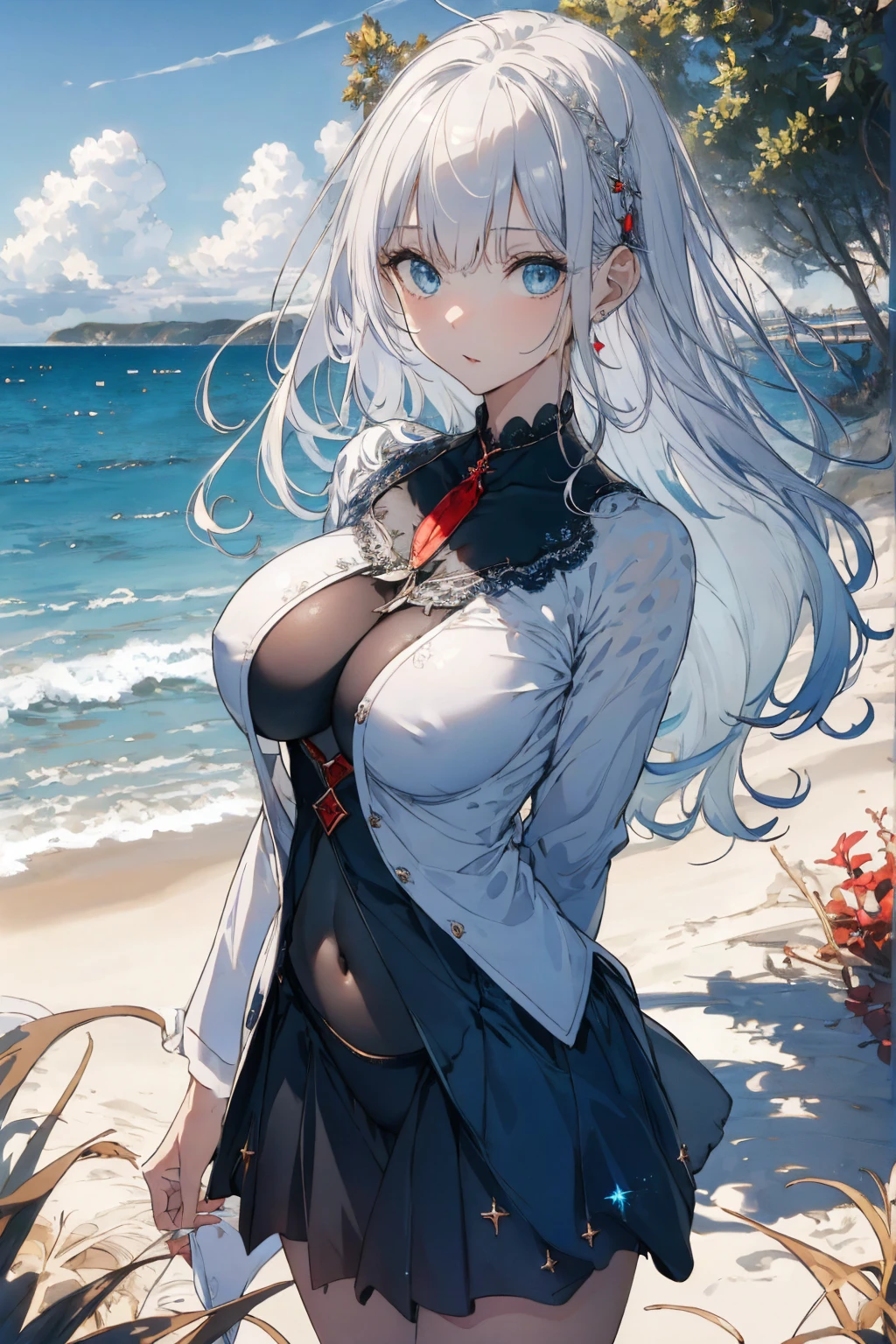 (seaside photo:1.1, in blue marine:1.5), Masterpiece, best quality, (very detailed CG unity 8k wallpaper), (best quality), High definition RAW color art, Animation,sculptures, (black Marble Skin), (((Ultra detailed elegant))), Magical atmosphere, Detailed skin, Texture,(Intricately detailed, Fine detail, ultra-detail art), depth of fields, bokeh, Silky Touch, Hyper Detail, beautiful eyes, Elegant Face, (standing, view from below), sparkle background, enormous breast:1.3, (silver hair), pure white, muscle, embarrassing red face, wide open udder, shorthair, t-shirt