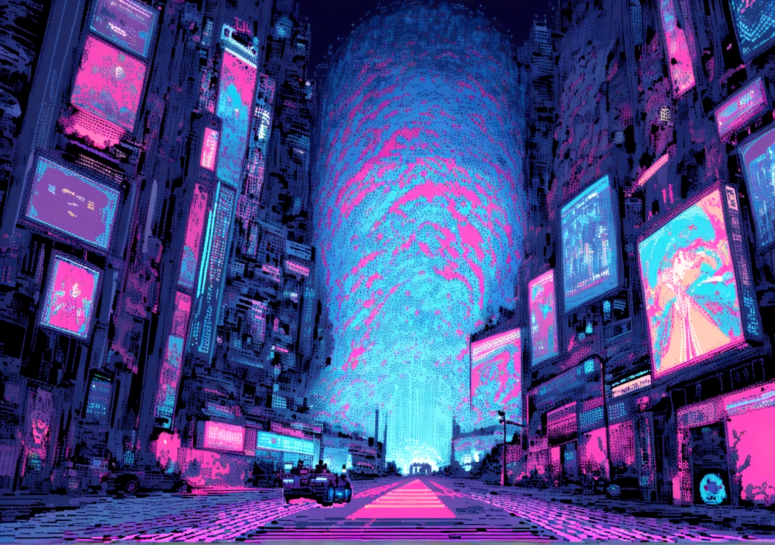 Elements: A pixel art character running through a pixel art cyberpunk city. Sky-high buildings, moving holograms and flying cars make up the scene. Lines of code and sound waves appear in the background, creating a psychedelic effect.
• Colors: Dark shades of blue and purple with points of red, green and blue neon light.