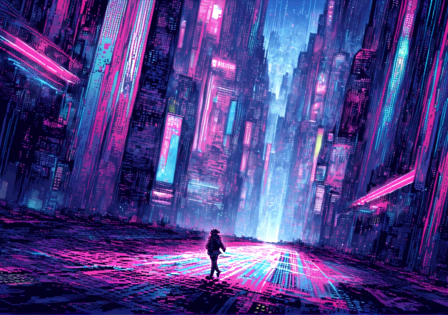 Elements: A pixel art character running through a pixel art cyberpunk city. Sky-high buildings, moving holograms and flying cars make up the scene. Lines of code and sound waves appear in the background, creating a psychedelic effect.

• Colors: Dark shades of blue and purple with points of red, green and blue neon light.