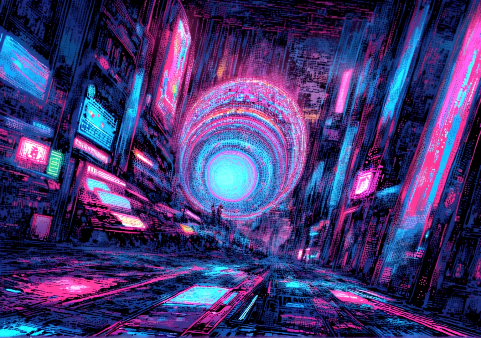 Elements: A pixel art character running through a pixel art cyberpunk city. Sky-high buildings, moving holograms and flying cars make up the scene. Lines of code and sound waves appear in the background, creating a psychedelic effect.
• Colors: Dark shades of blue and purple with points of red, green and blue neon light.