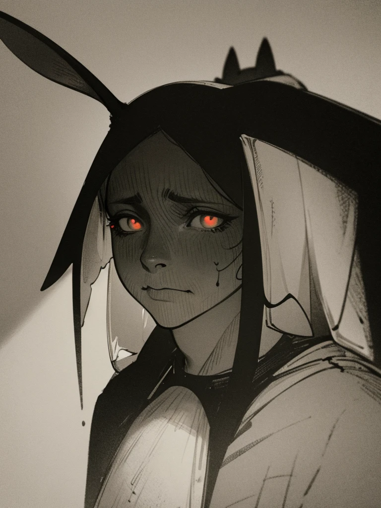 In a dark haunted house, horror, fear, innocent goasts shadows ,(Pitch black) , It's muggy , steamy , rabbit ear adult woman , Hieronymus Bosch style
