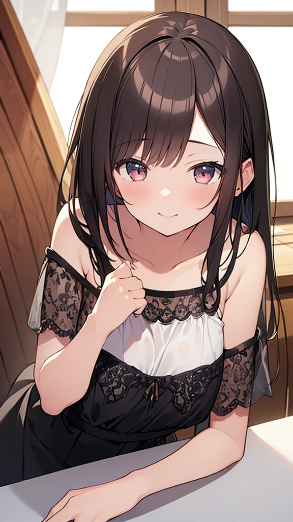 (masterpiece, Highest quality:1.2), (High resolution, Abstract:1.1), Super detailed, One girl, Cute pose, camisole, Off the shoulder, A face stolen from another, Part your lips, smile, blush, NSFW