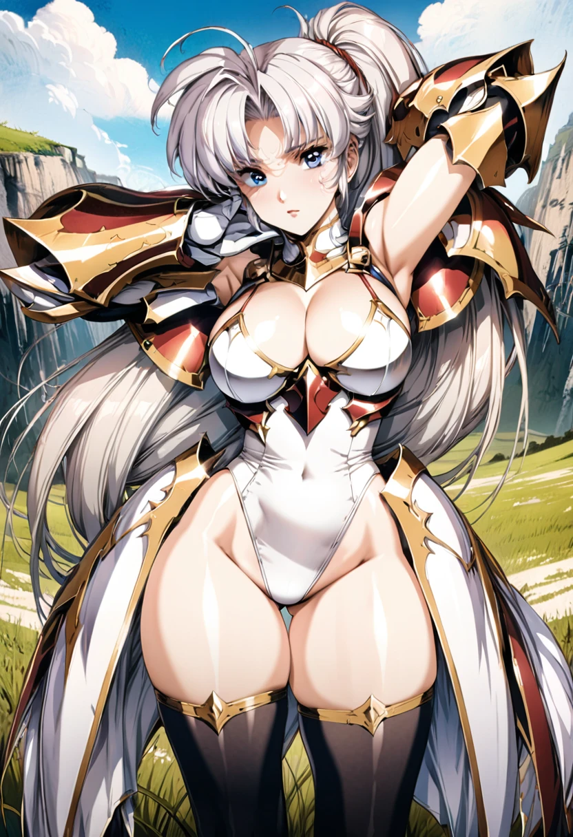 ((highest quality)), ((masterpiece)), ((hyperrealistic)), (detailed background), anime style, solo, 1girl, ((langrisser)), ((curvy: 1.2)), kawaii, ((fantasy armor: 1.3)), silver long ponytail, ahoge, forehead, parted bangs, (white paladin armor), ((white slingshot leotard leotard: 1.3)), ((large breasts)), (zettai ryouiki black knee socks), ((gauntlet)), (cleavage breastplate), (big butt), (thighs), (groin), beautiful eyes, perfect face, Perfect hands, perfect fingers, Blue sky and grassland, armpits a pose