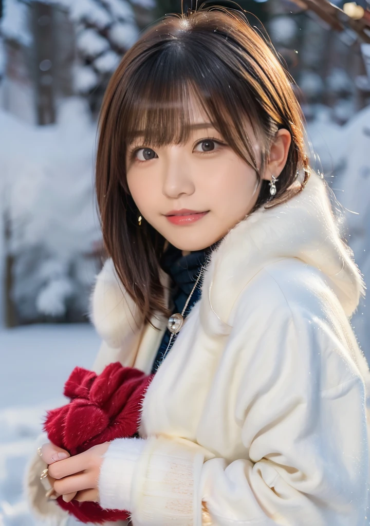 Holding a kitten、Photo from the waist up、Night city illumination shot、Cowgirl Shot、Fur coat、豪華なグレーのミンクのFur coat、Wear fine leather boots、Luxury Bags、Inner turtleneck、Silver necklace and small silver earrings Millionaire style:1.4))、Full body photo、smile、 Caustics、Highly detailed photos、Very beautiful woman 、Ample breasts、No makeup、(8K、RAW Photos、Highest quality、masterpiece:1.2)、(Realistic、Realistic)、1 Girl、((Medium Short Hair、Midwinter、Cold region Snow falling、The wind is blowing、Fluttering Hair、Blur the background、Colorful illuminations、Looking into the camera:1.4))、