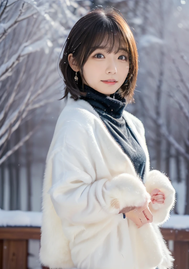 Holding a kitten、Photo from the waist up、Night city illumination shot、Cowgirl Shot、Fur coat、豪華なグレーのミンクのFur coat、Wear fine leather boots、Luxury Bags、Inner turtleneck、Silver necklace and small silver earrings Millionaire style:1.4))、Full body photo、smile、 Caustics、Highly detailed photos、Very beautiful woman 、Ample breasts、No makeup、(8K、RAW Photos、Highest quality、masterpiece:1.2)、(Realistic、Realistic)、1 Girl、((Medium Short Hair、Midwinter、Cold region Snow falling、The wind is blowing、Fluttering Hair、Blur the background、Colorful illuminations、Looking into the camera:1.4))、