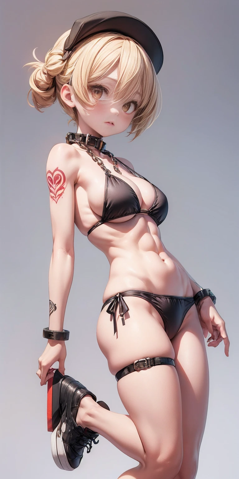 (masterpiece, plain background:1.2, far shot view from below angle,1chica 1solo) standing full body, mature woman, Eyes, wide, black bikini, pronounced abs, chain collar, stomach tattoo (red tattoo)