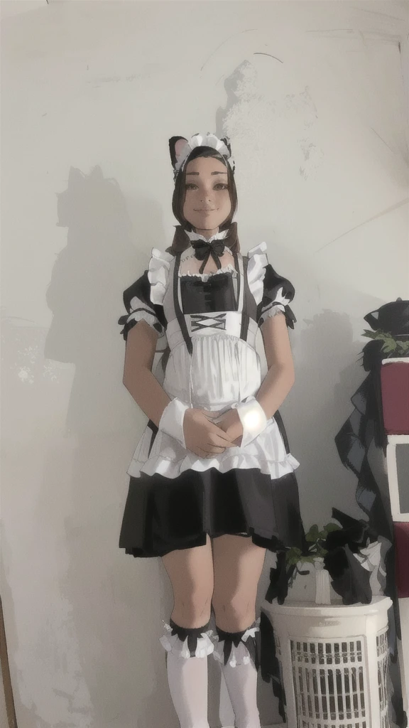 there is a woman in a maid outfit posing for a picture, cosplay of a catboy! maid! dress, maid outfit, anime girl in a maid costume, maid dress, wearing maid uniform, maid costume, french maid, anime cat girl in a maid costume, in a fancy dress, dressed in a frilly ((ragged)), full body with costume