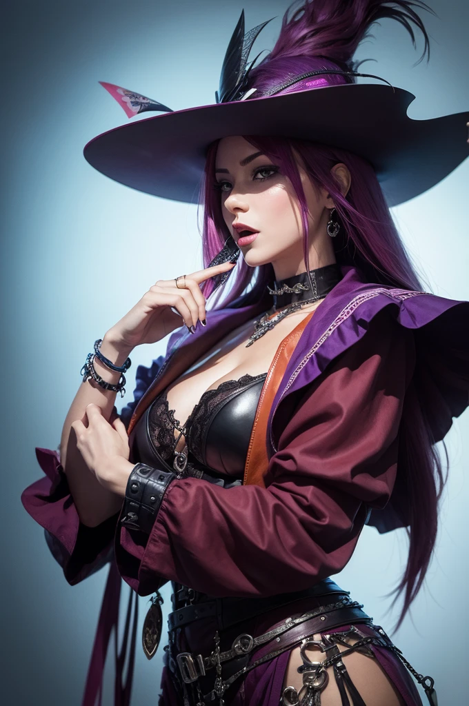 (obra maestra) (La mejor calidad) (Cara perfecta) en un bonito estilo anime. Una joven divertida y aterradoramente linda disfrazada de bruja en Halloween. Lleva un sombrero largo y una escoba vieja, a black harness and a frilly skirt. Ella se para en una calle por la noche con una burla, evil expression. La calle es oscura pero hay luces ornamentales que dan un aspecto siniestro y aterrador al lugar.. A little purple. Motor irreal. Luis Royo Style. Arte 3D ((pechos grandes)) (cuerpo fitness)