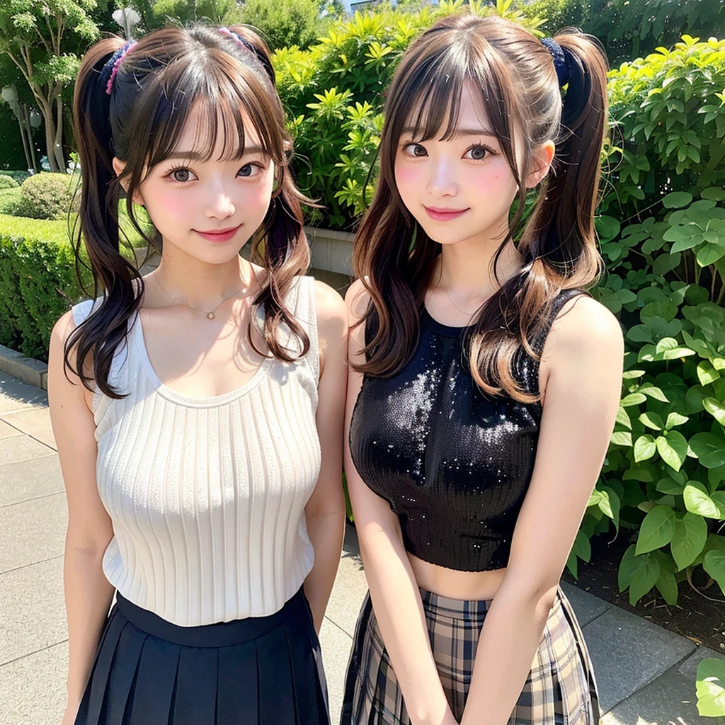 (Highest quality,masterpiece:1.3,Ultra-high resolution),(Very detailedな、Caustics) (Photorealistic:1.4, RAW shooting、)Ultra-Realistic Capture、Very detailed、Natural skin texture、masterpiece、(The upper body is a sequin tank top with a large opening at the chest..、Pleated skirt:1.3)、Protruding underwear、1 Japanese girl、Adorable expression、Expressions of Happiness、14 years old、Young Face、Surprisingly cute、Twin tails、Curly Hair、Black Hair、Scrunchie、light makeup、A big bust that seems to burst、Faintly visible nipples、Sexy pose、Photo taken in a private garden、Shining thighs、smile、An inviting gaze、
