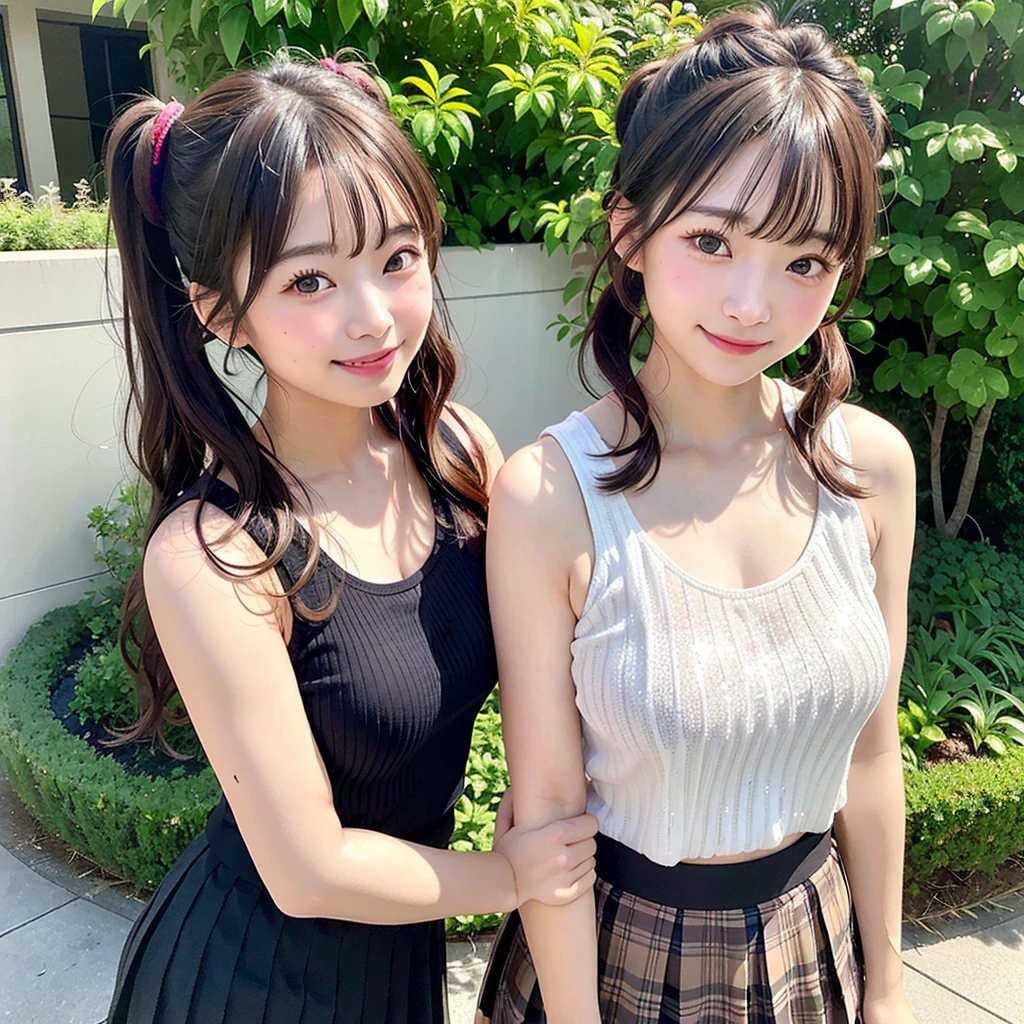 (Highest quality,masterpiece:1.3,Ultra-high resolution),(Very detailedな、Caustics) (Photorealistic:1.4, RAW shooting、)Ultra-Realistic Capture、Very detailed、Natural skin texture、masterpiece、(The upper body is a sequin tank top with a large opening at the chest..、Pleated skirt:1.3)、Protruding underwear、1 Japanese girl、Adorable expression、Expressions of Happiness、14 years old、Young Face、Surprisingly cute、Twin tails、Curly Hair、Black Hair、Scrunchie、light makeup、A big bust that seems to burst、Faintly visible nipples、Sexy pose、Photo taken in a private garden、Shining thighs、smile、An inviting gaze、