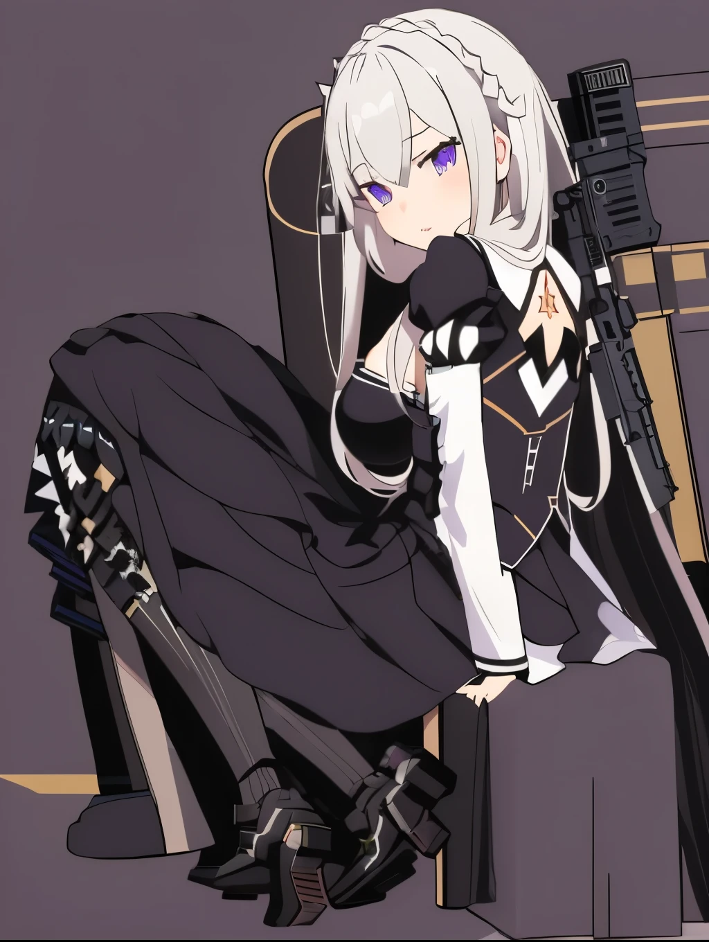 Emilia re:zero, purple eyes, Emilia, crown braid, x hair ornament, flower hair ornament, white hair, long hair, medium breasts, anime girl with a gun and a black dress sitting on a chair, from girls frontline, fine details. girls frontline, girls frontline style, best anime 4k konachan wallpaper, mechanized soldier girl, m4 sopmod ii girls frontline, kantai collection style, girls frontline cg, girls frontline, 2b nier automata, by Shitao