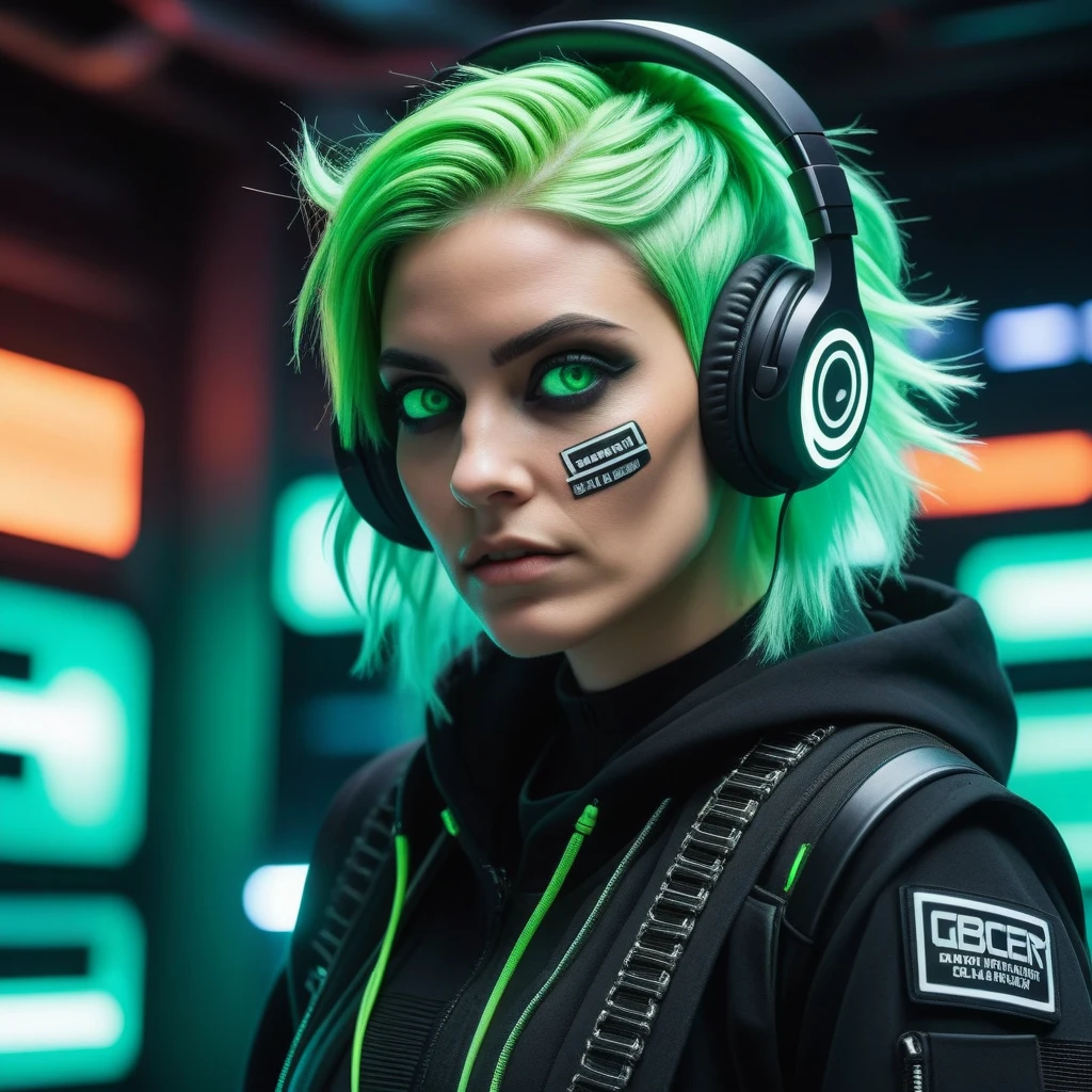 (((work of art, best qualityer, high qualiy,))) (pop art:0.8), Woman, messy green hair, (Glitch:1.33), glowing white eyes, just a strange face in a, strange place, detailed back ground, (ninja), cyber punk, headphones
