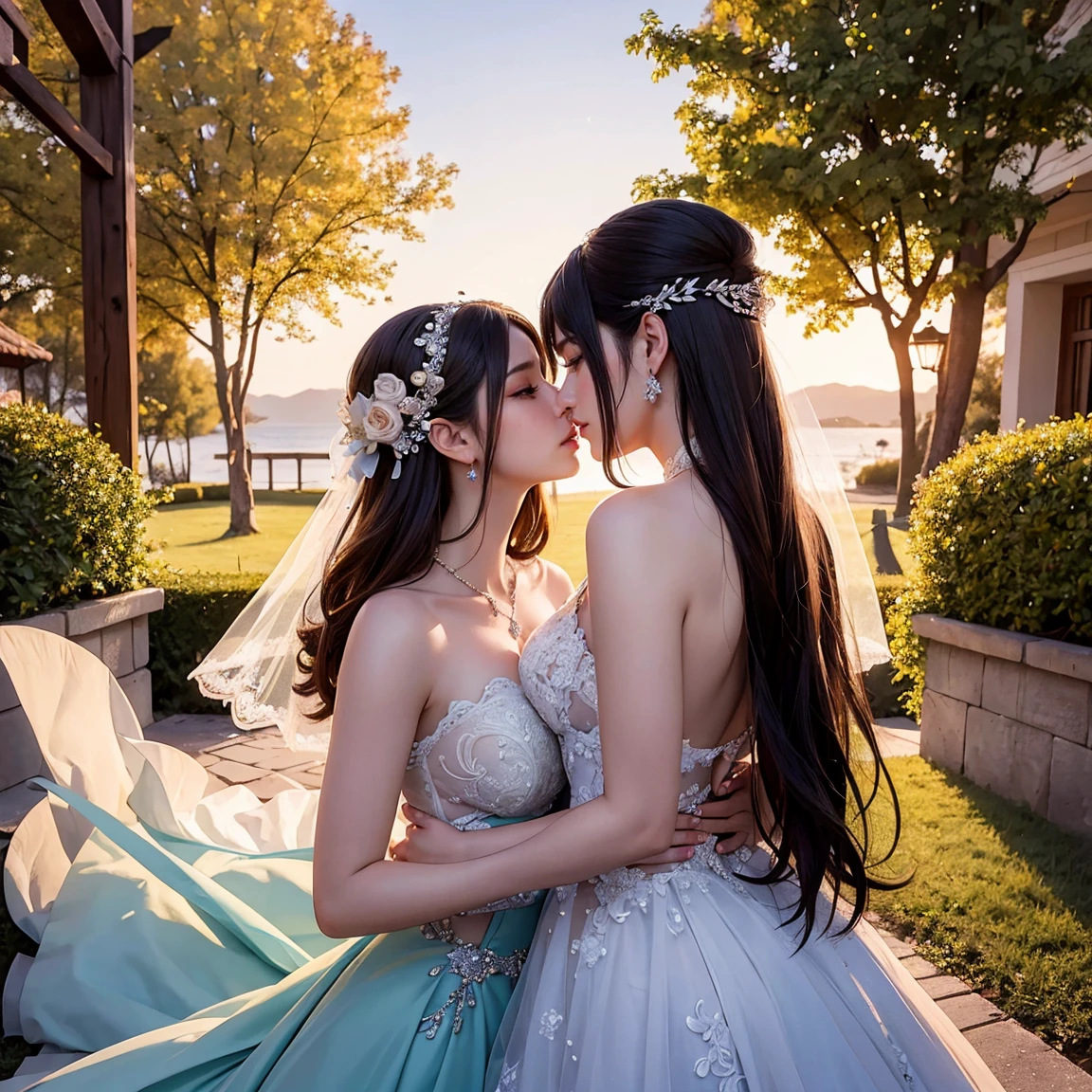 (masterpiece, highest quality, official art, beauty and aesthetic), perfect anatomy, two stunning bride is deeply in love with each other, kiss, flower, romantic atmosphere, aurora