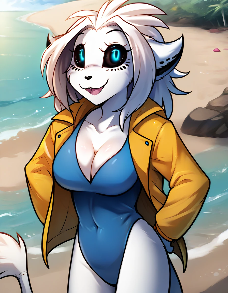 score_9, score_8_up, score_7_up, score_6_up, score_5_up, score_4_up, rating_explicit, source_furry, female, cute anthro female, cute face, detailed background, looking at viewer, solo, solo focus, willow, black sclera, blue eyes, blue leotard, white fur, beach, blue wisp, yellow jacket, open jacket, busty, cleavage, happy