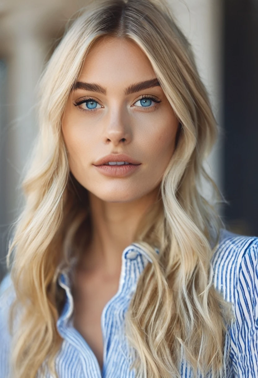 french girl with blonde hair and blue eyes,belles lèvres et yeux détaillés, détaillé et ,peau imparfaite,peau texturée,Partie supérieure du corps,beaux cheveux blonds détaillés,porter un crop top blanc , veste à rayures bleues, air force blanche , photo pris avec un iphone dnas un mirroir avec reflet d'une chambre