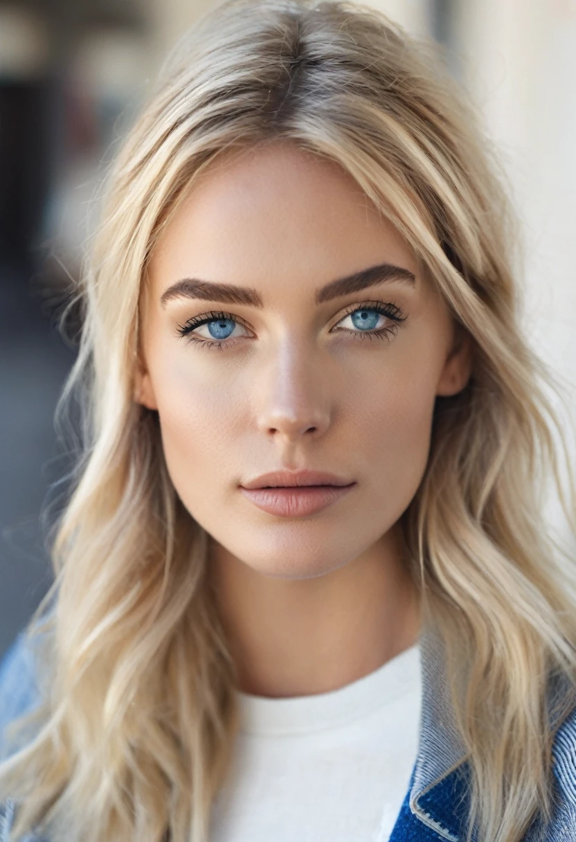 french girl with blonde hair and blue eyes,belles lèvres et yeux détaillés, détaillé et ,peau imparfaite,peau texturée,Partie supérieure du corps,beaux cheveux blonds détaillés,porter un crop top blanc , veste à rayures bleues, air force blanche , photo pris avec un iphone dnas un mirroir avec reflet d'une chambre