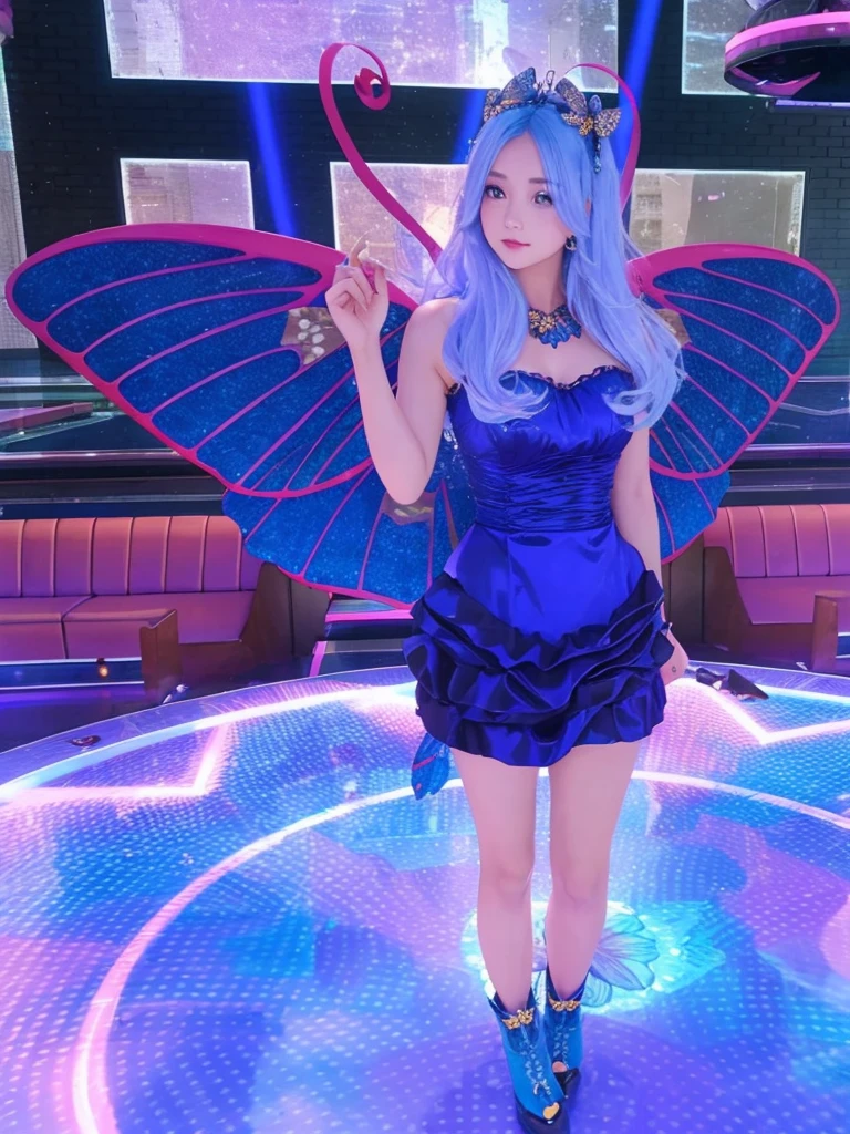 A beautiful girl with full body and fair skin. wearing blue dress, blue butterfly wings, with straight blue hair and blue boots.